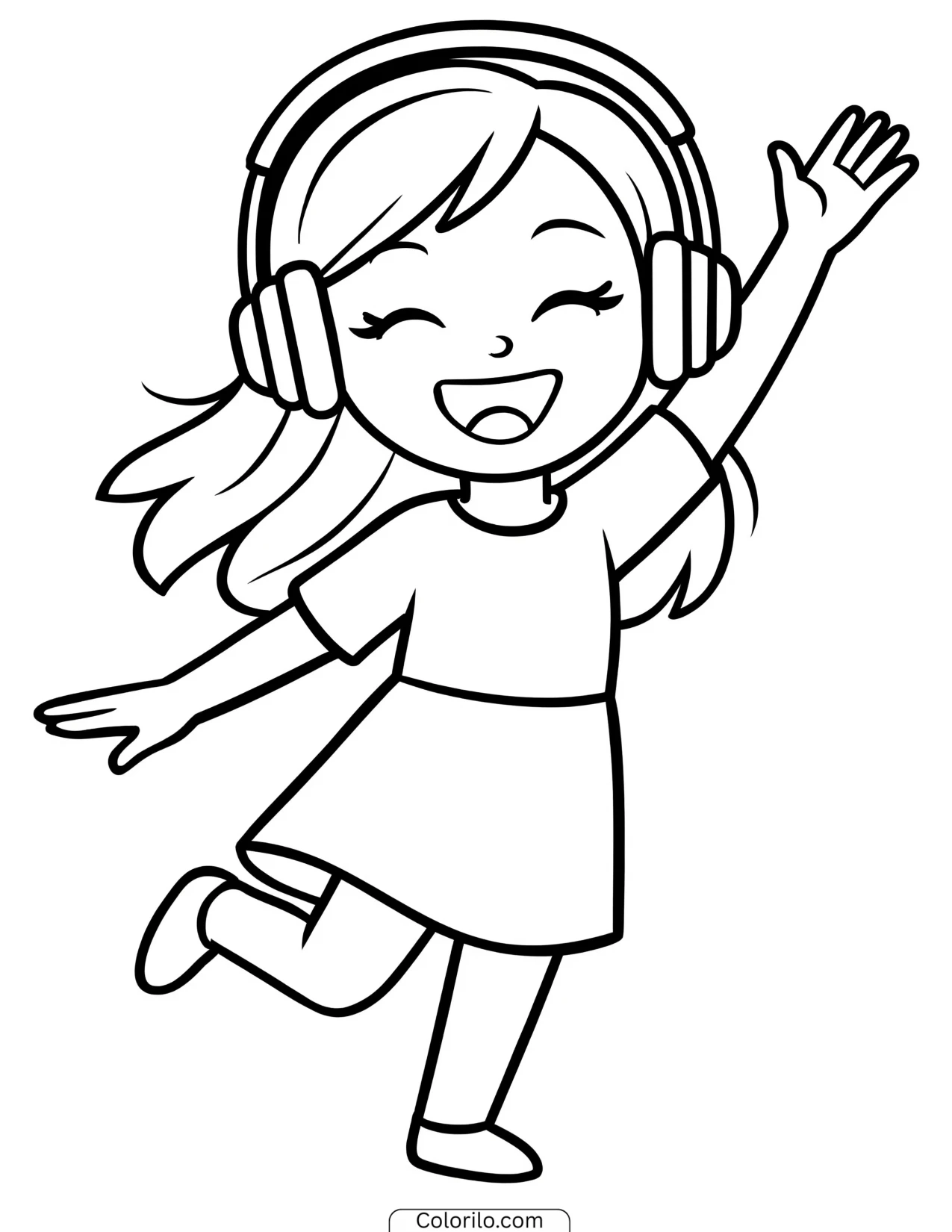 A girl dancing while wearing headphones coloring page