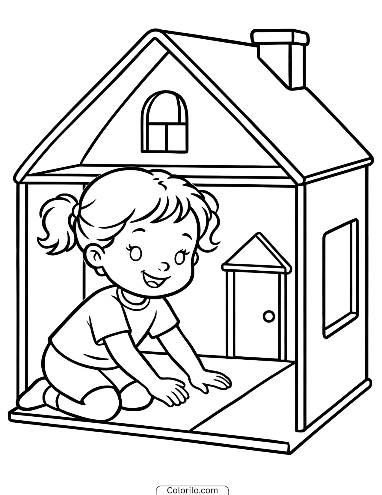 A girl playing with a dollhouse coloring page