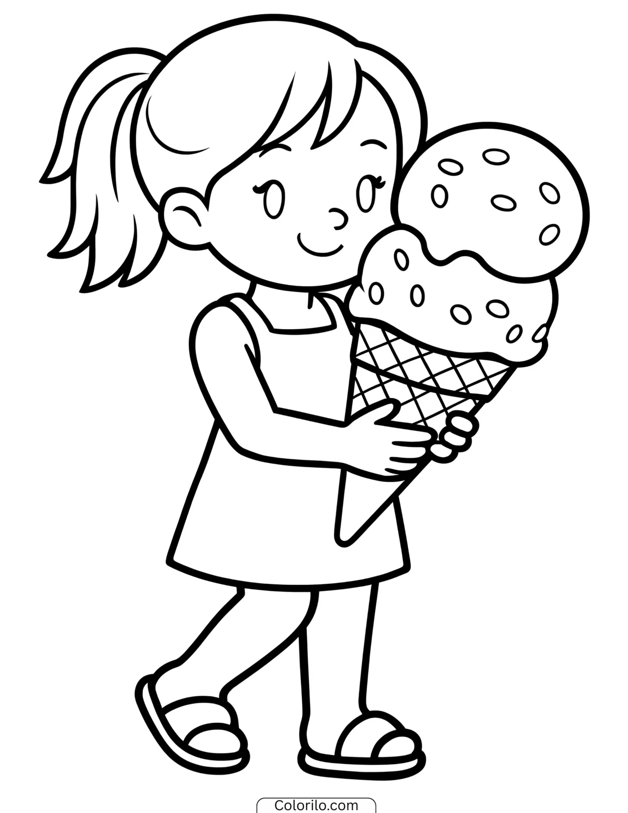 A girl eating an ice cream cone coloring page