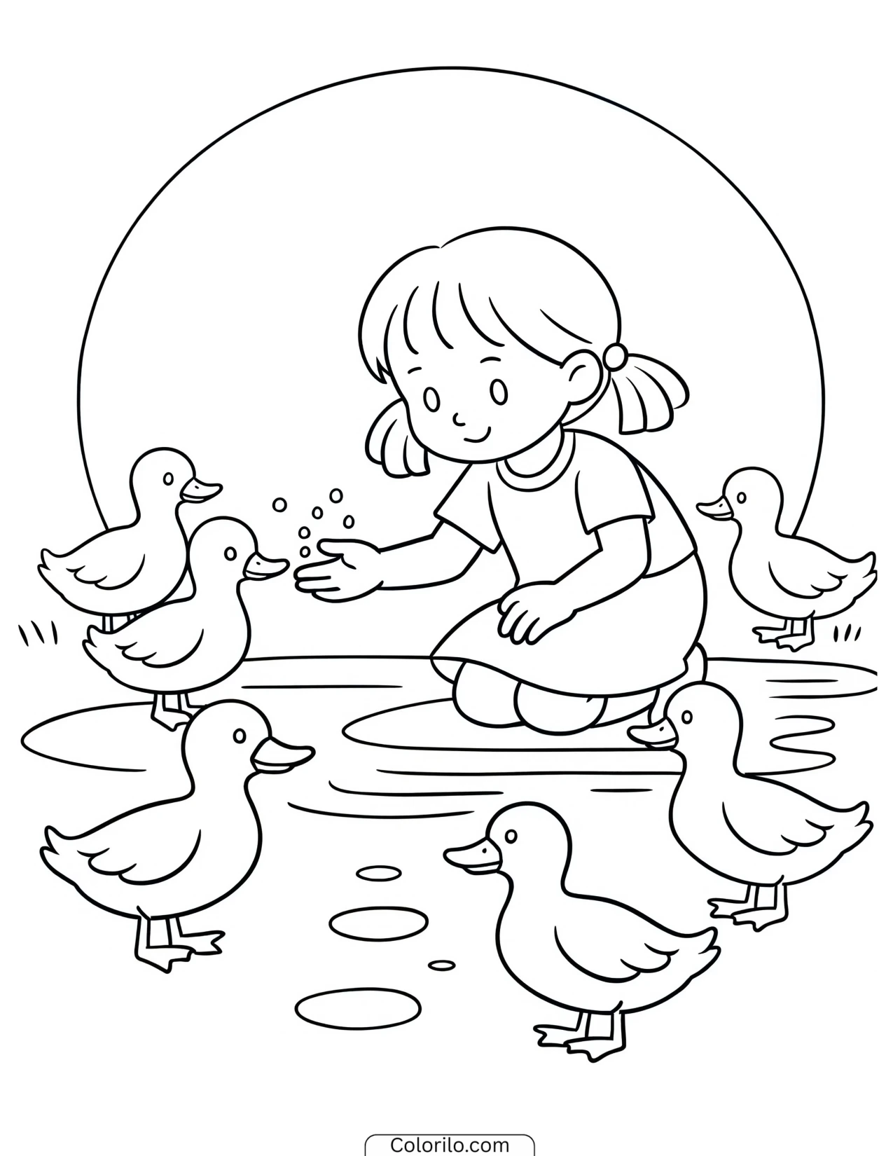 A girl feeding ducks by the water coloring page