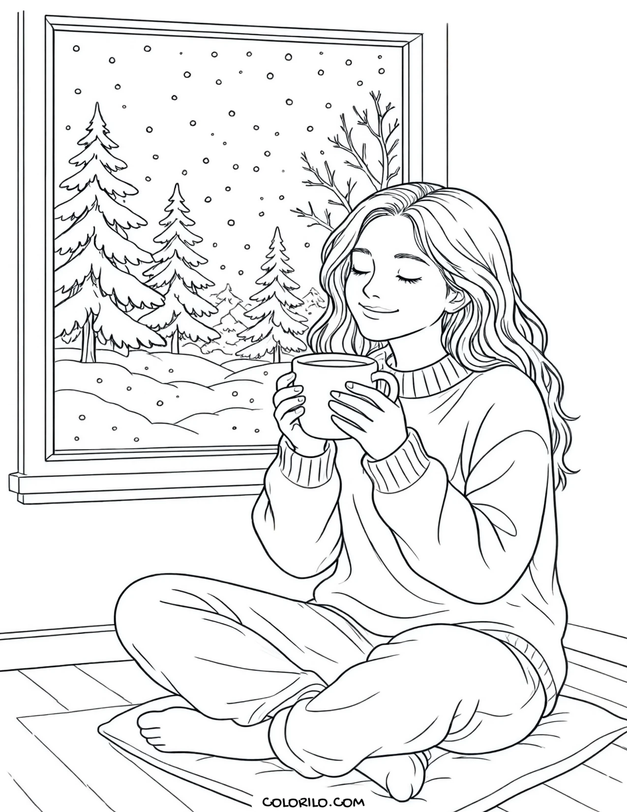 A girl sitting on the floor with cocoa coloring page