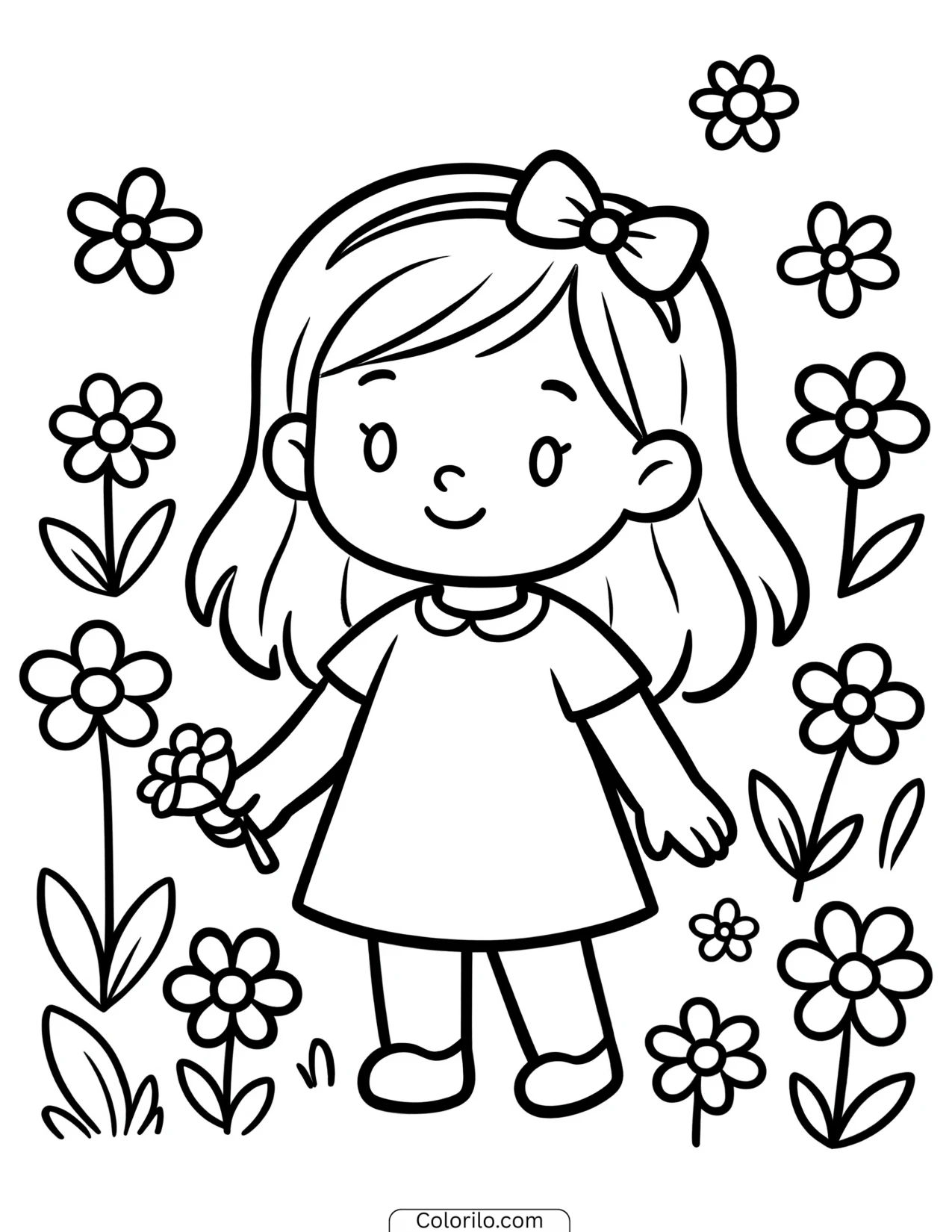 A girl standing in a field of flowers coloring page