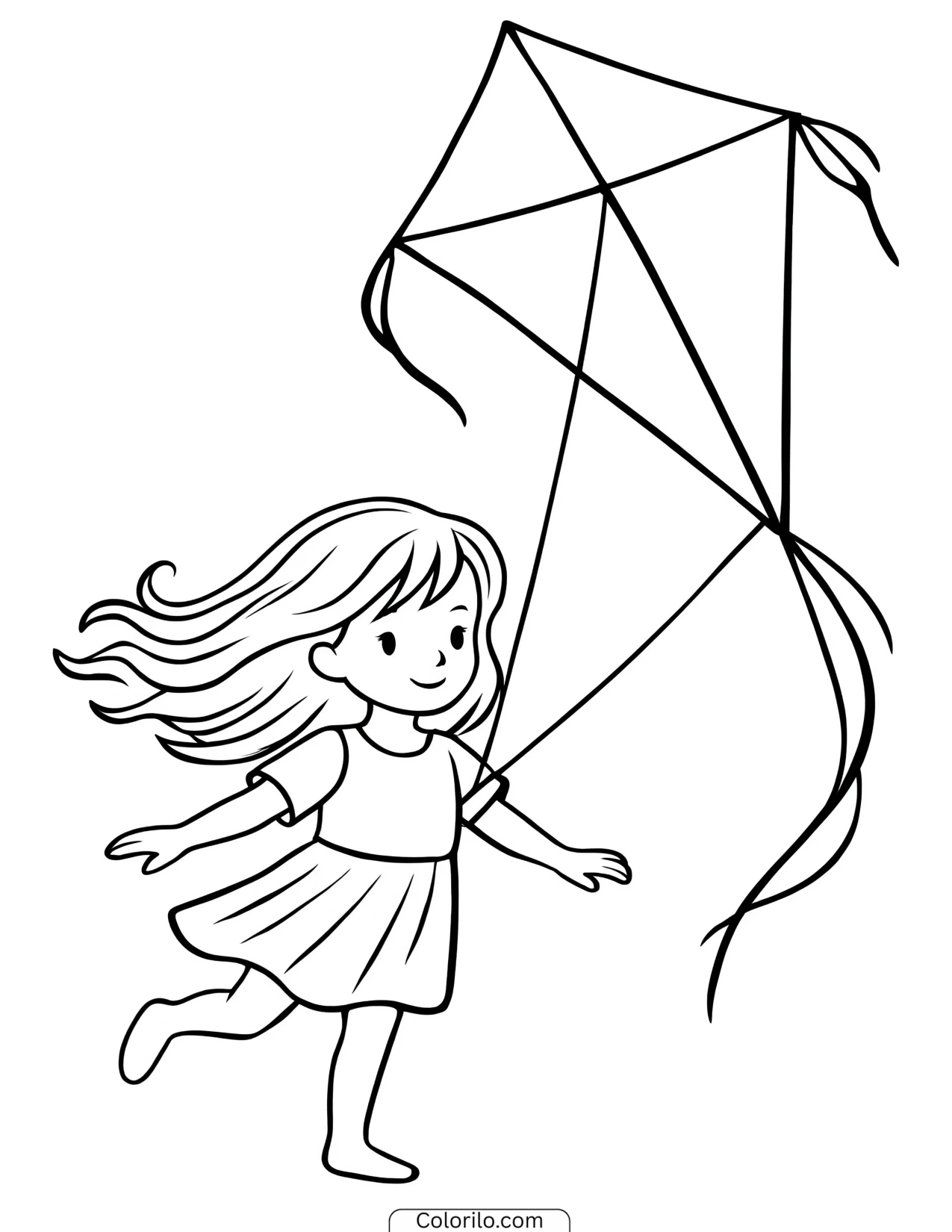 A girl flying a kite coloring page