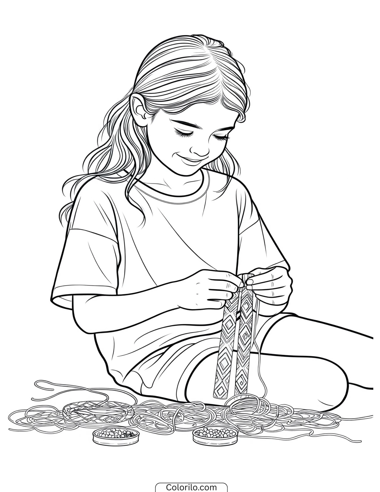 A girl weaving friendship bracelets coloring page