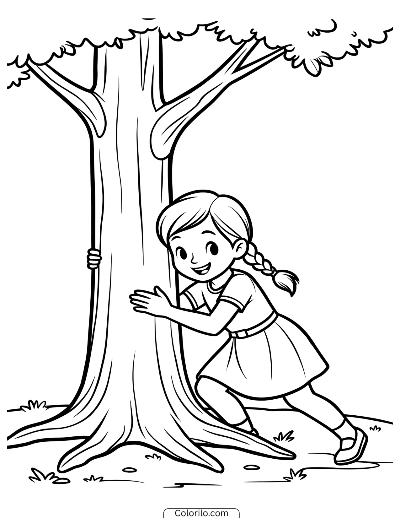 A girl playing hide and seek coloring page