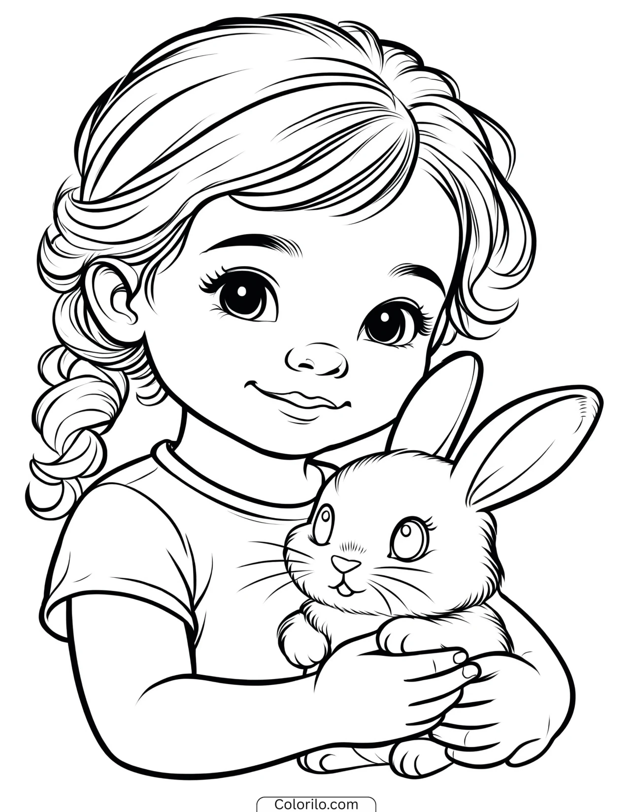A girl holding a pet rabbit coloring page