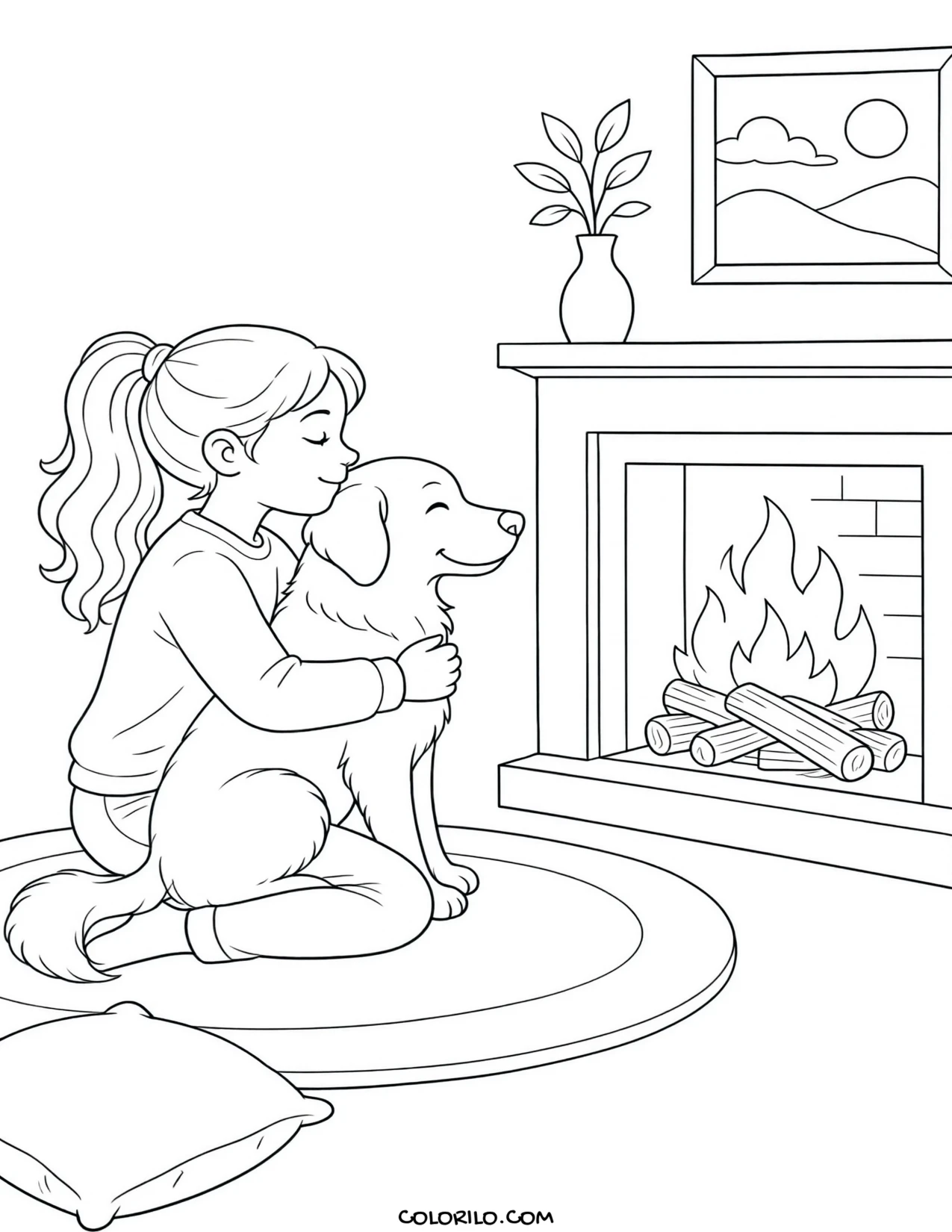 A girl hugging her dog coloring page