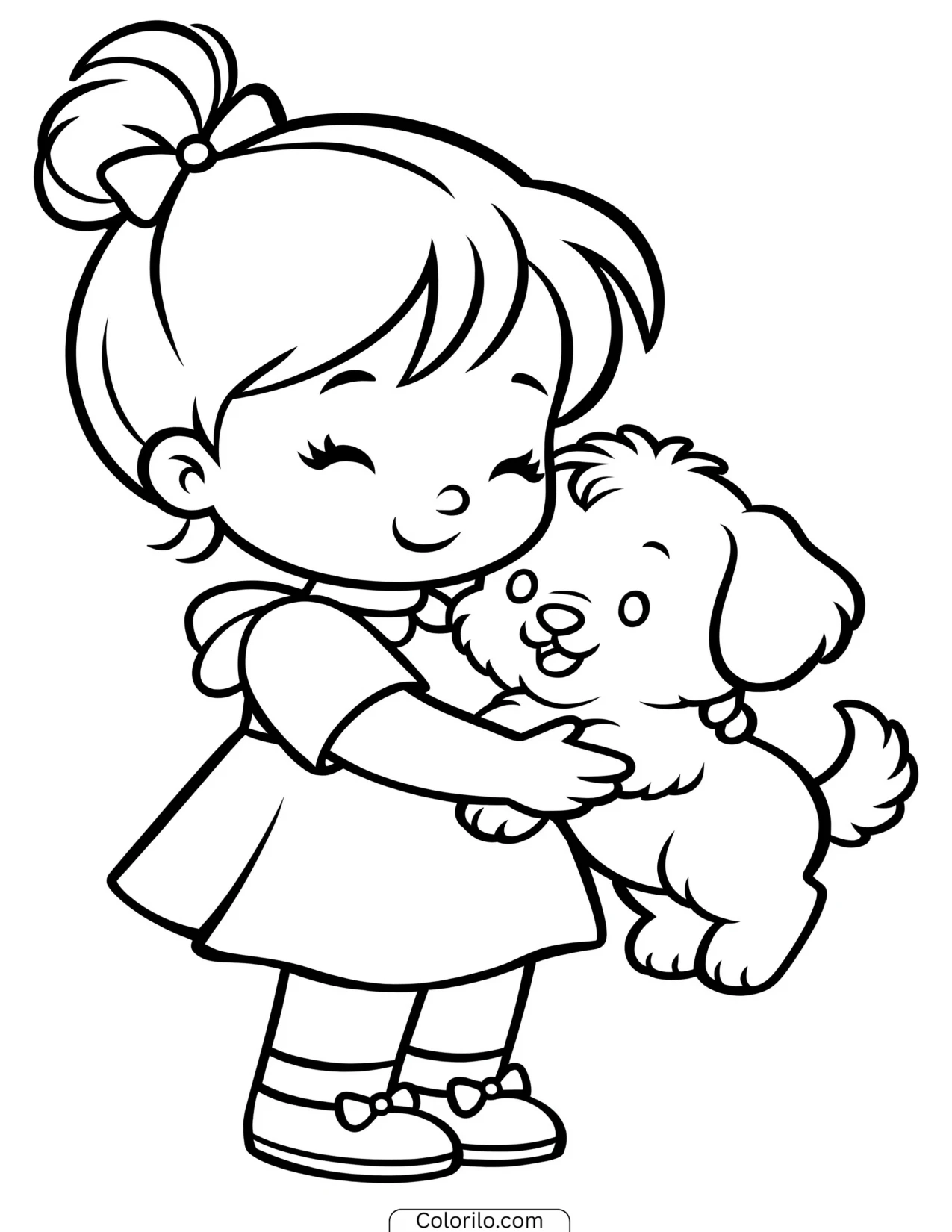 A girl hugging her puppy coloring page