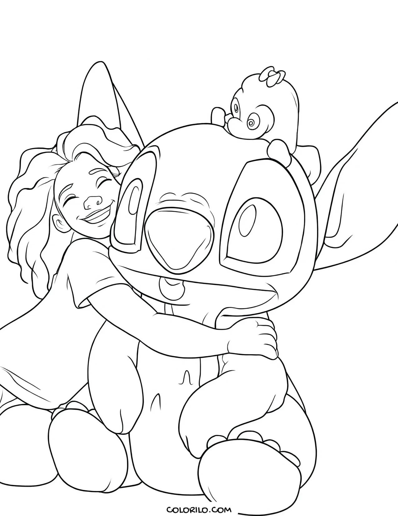 A girl hugging her Stitch and Angel toys coloring page