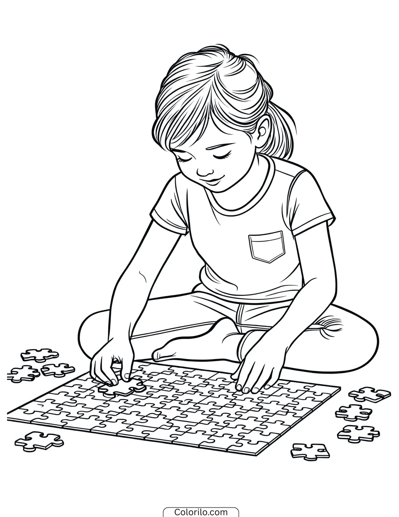 A girl putting together a jigsaw puzzle coloring page