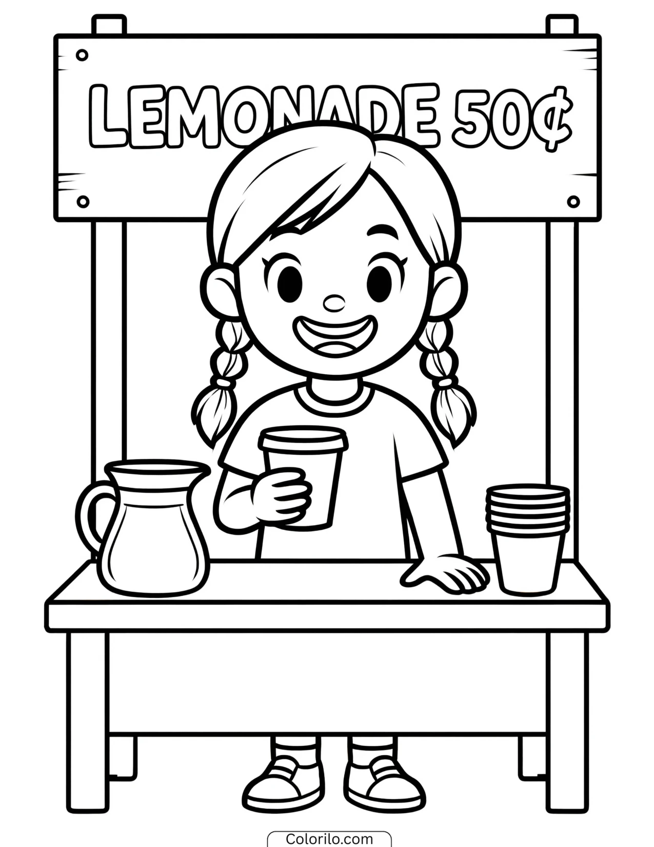 A girl running a lemonade stand coloring page