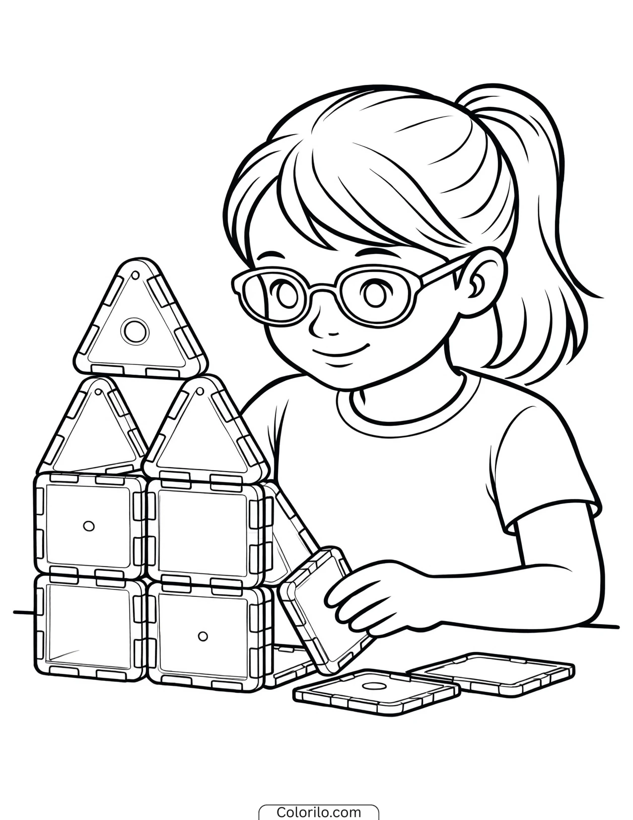 A girl building with magnetic tiles coloring page