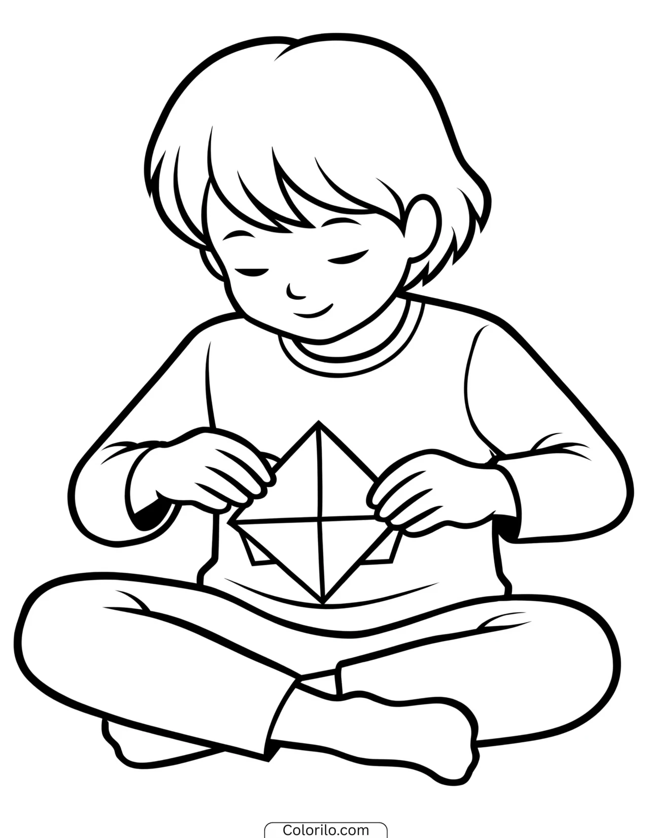 A girl folding an origami shape coloring page