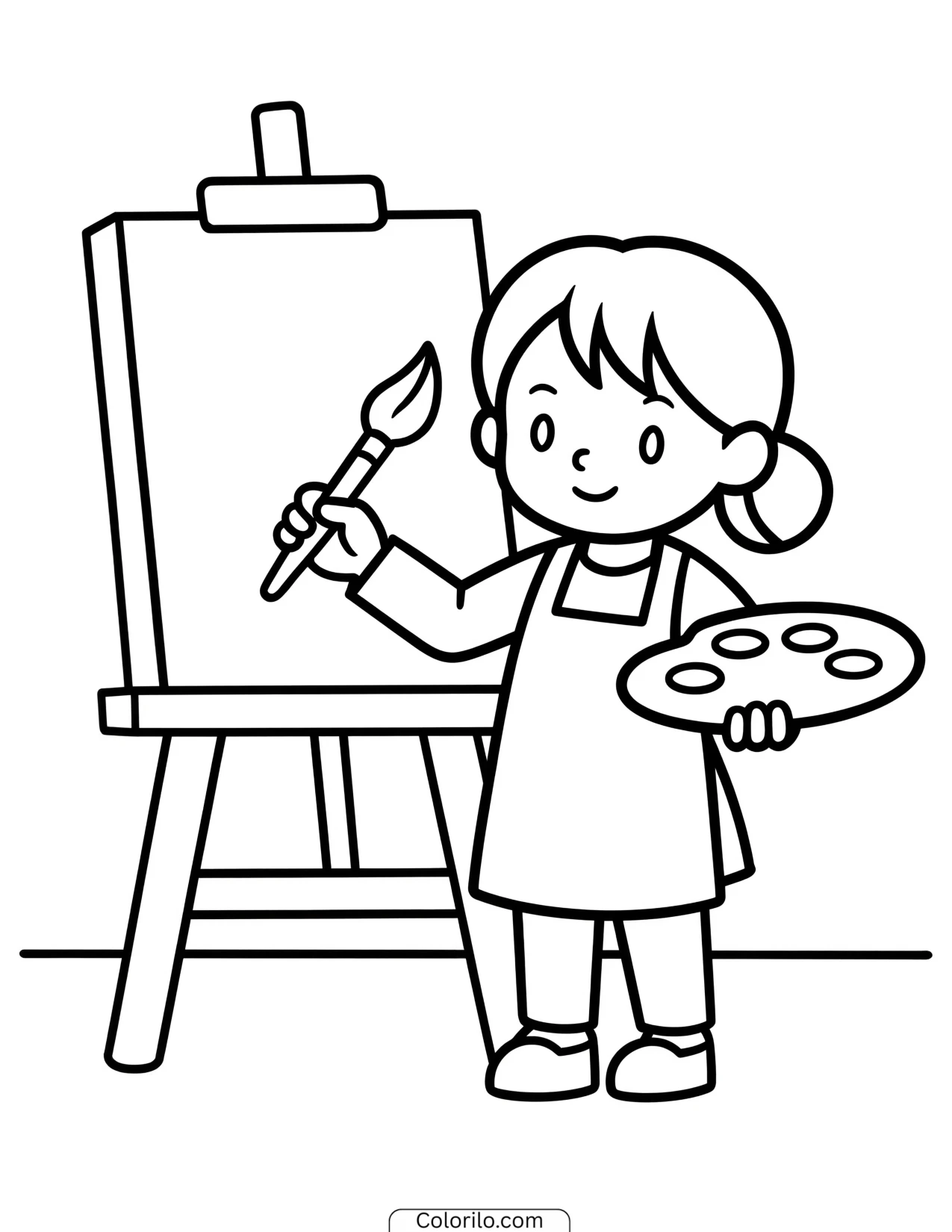 A girl painting at an easel coloring page