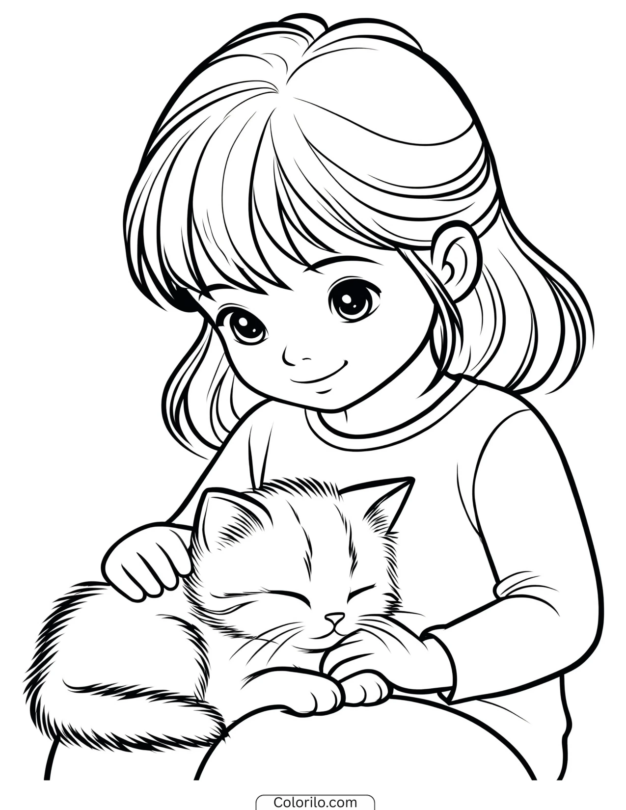 A girl petting a kitten coloring page