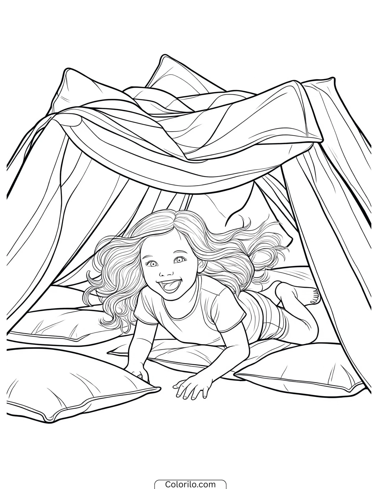 A girl building a pillow fort coloring page