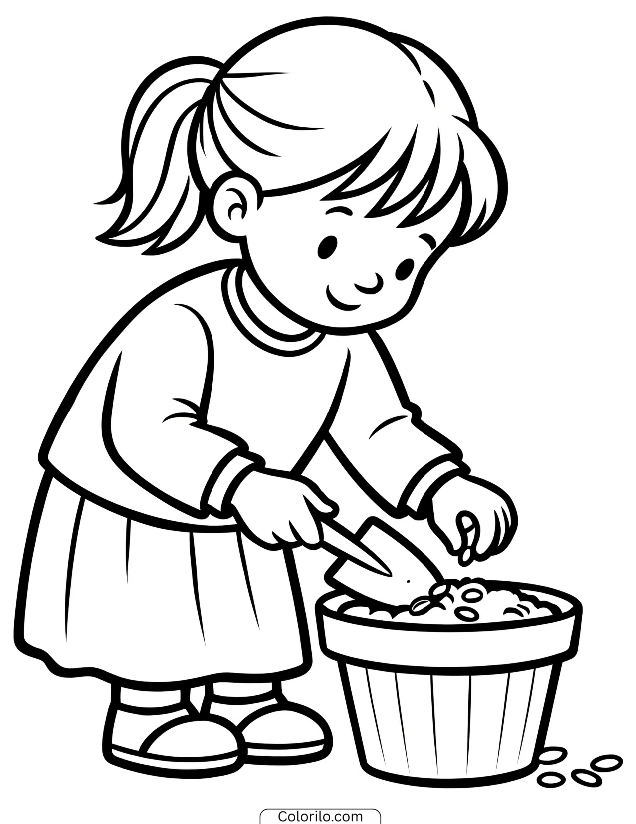 A girl planting seeds in soil coloring page