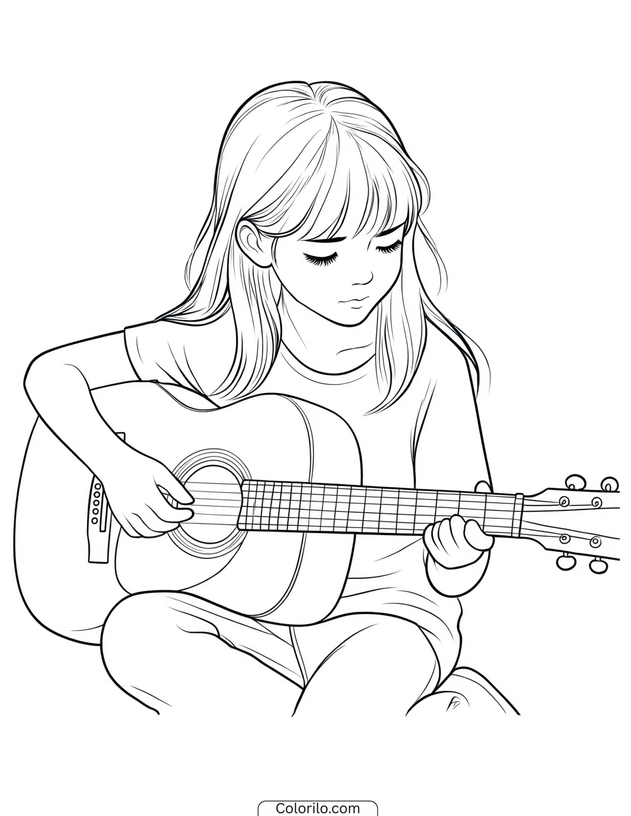 A girl playing an acoustic guitar coloring page