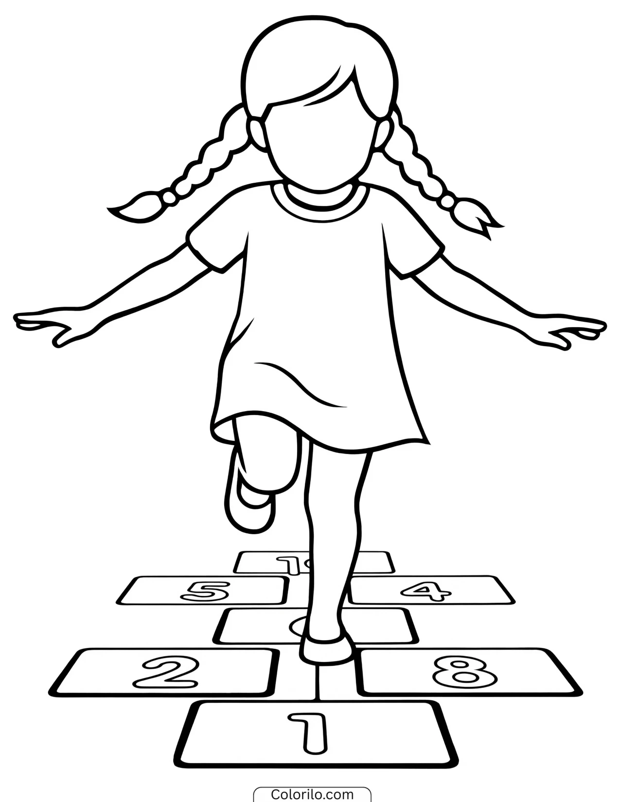 A girl playing hopscotch coloring page