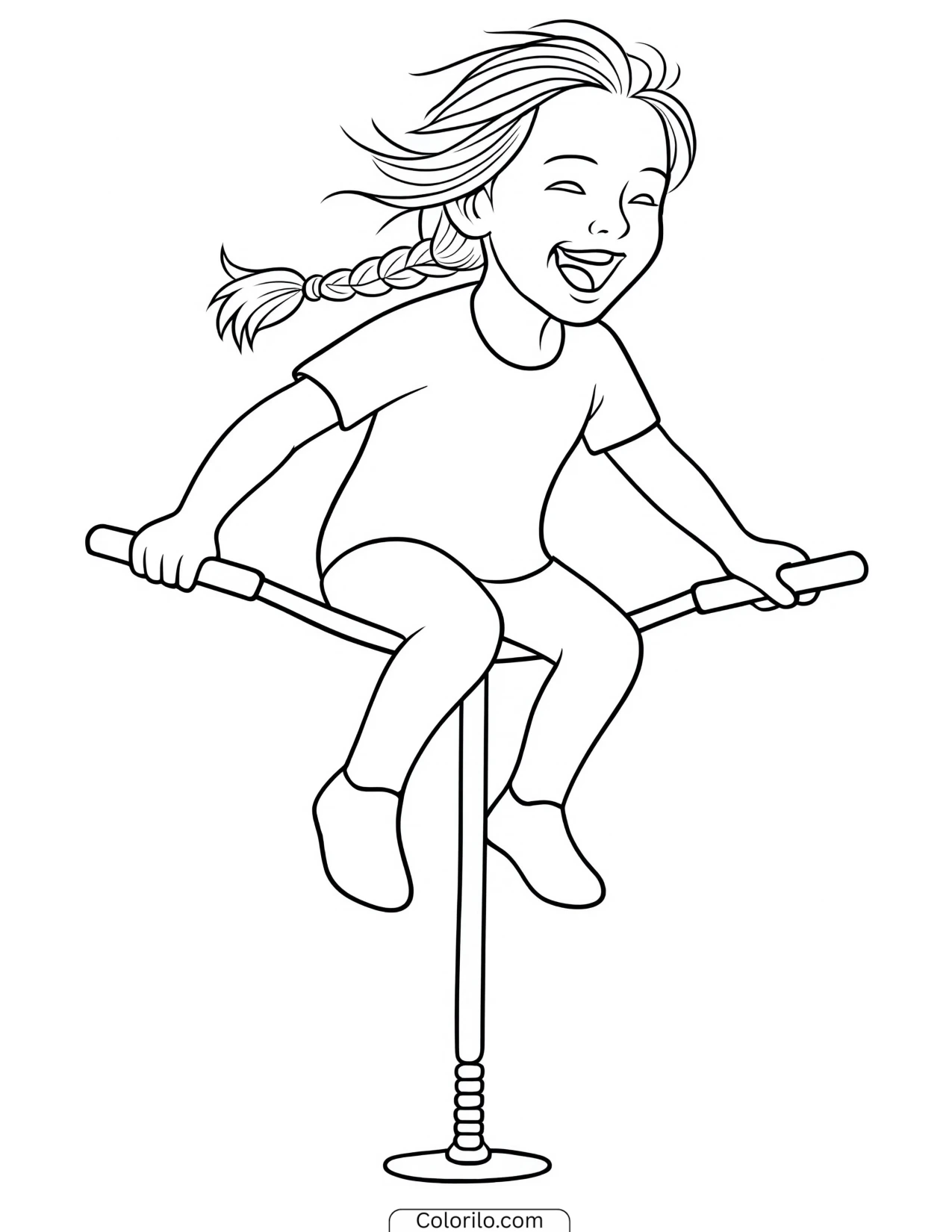 A girl bouncing on a pogo stick coloring page