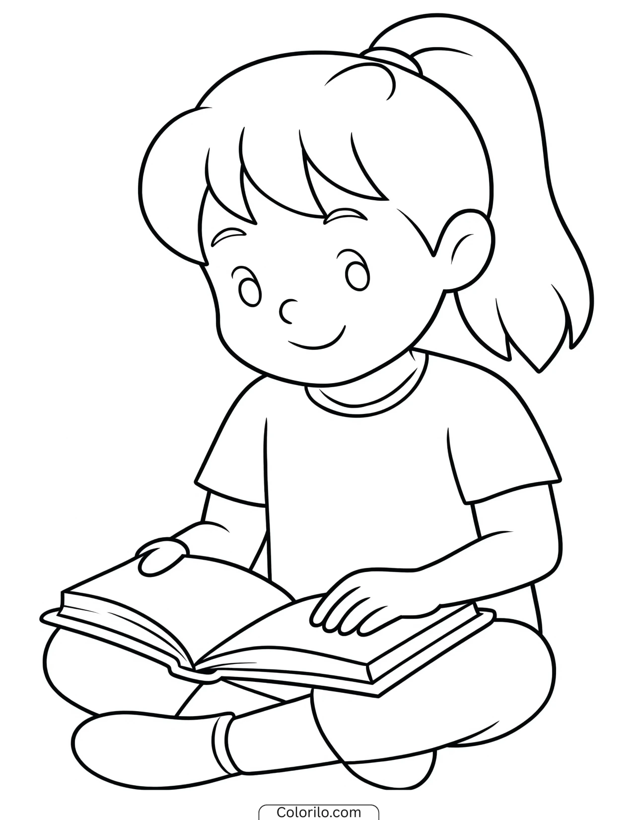A girl reading a book coloring page