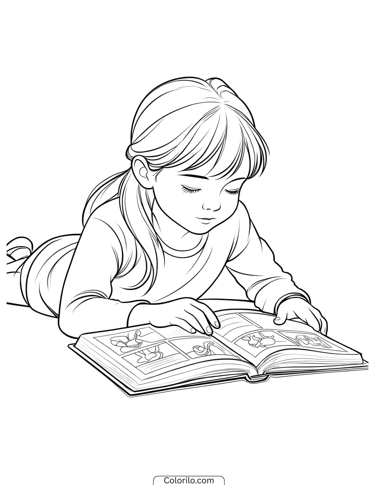 A girl reading a comic book coloring page