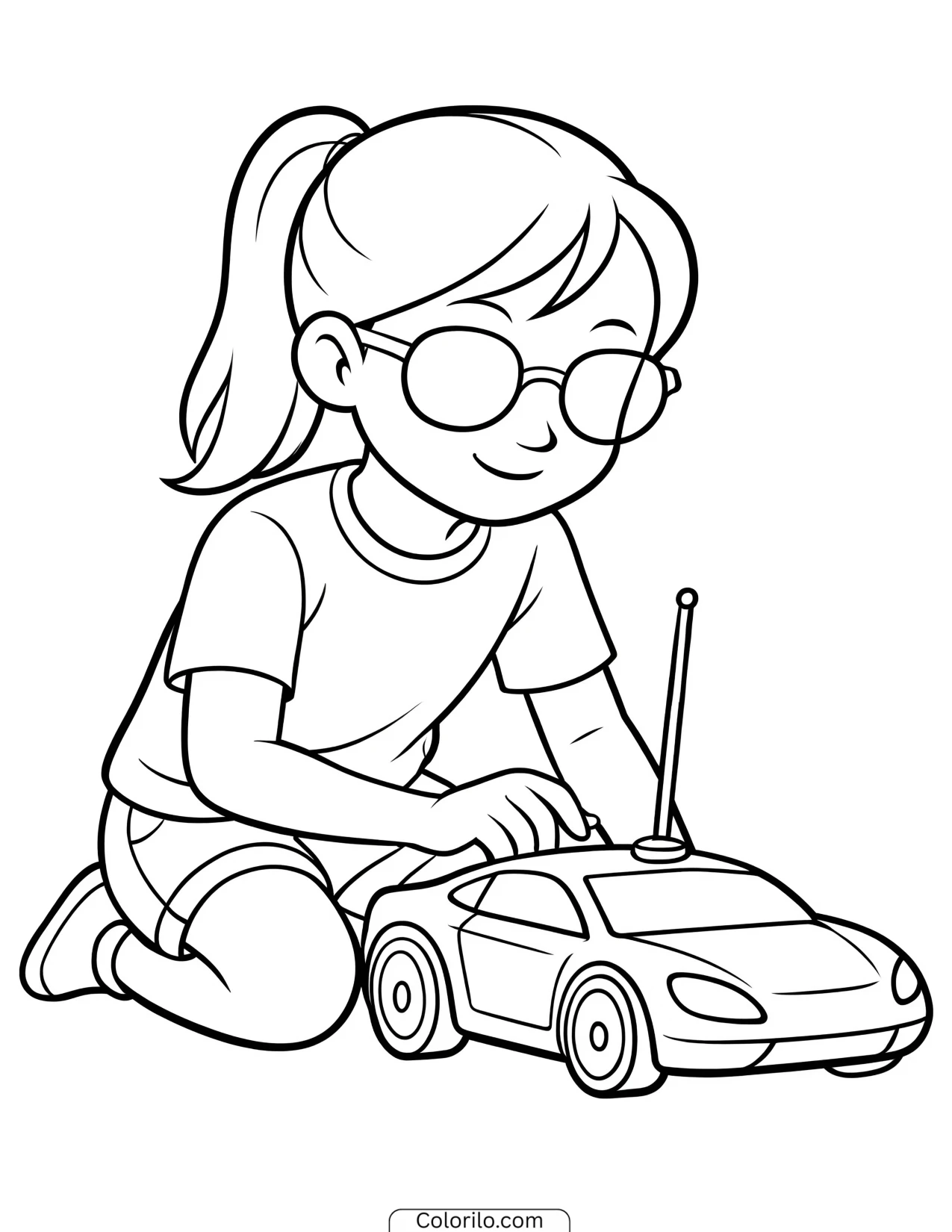 A girl driving a remote control car coloring page