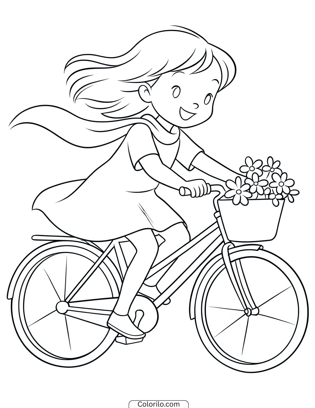 A girl riding her bike coloring page