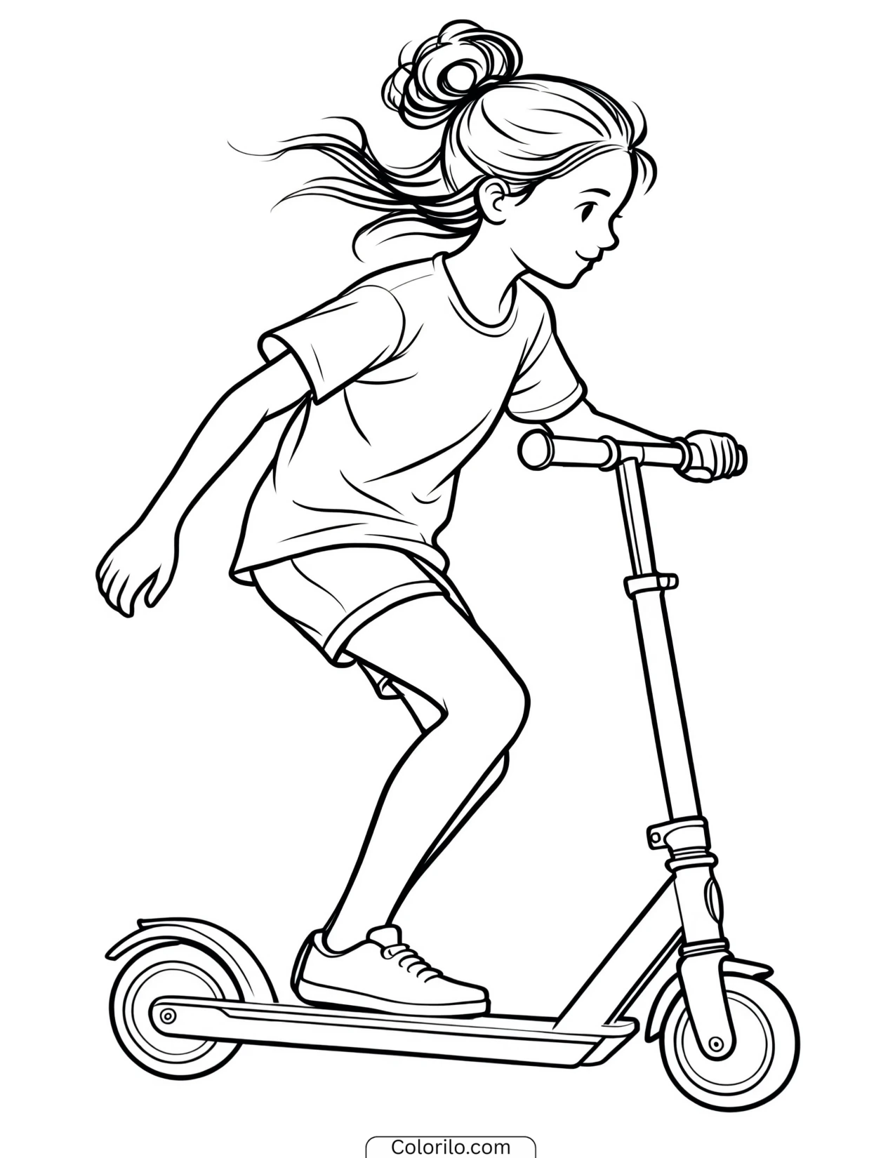 A girl riding a scooter coloring page