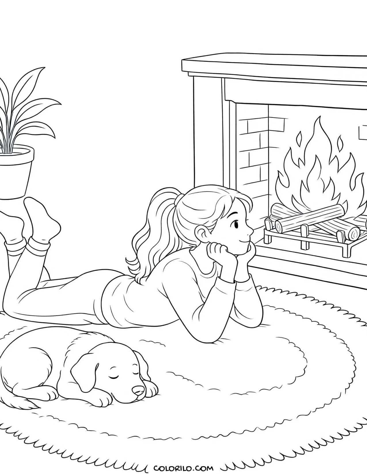 A girl and her dog on the rug coloring page