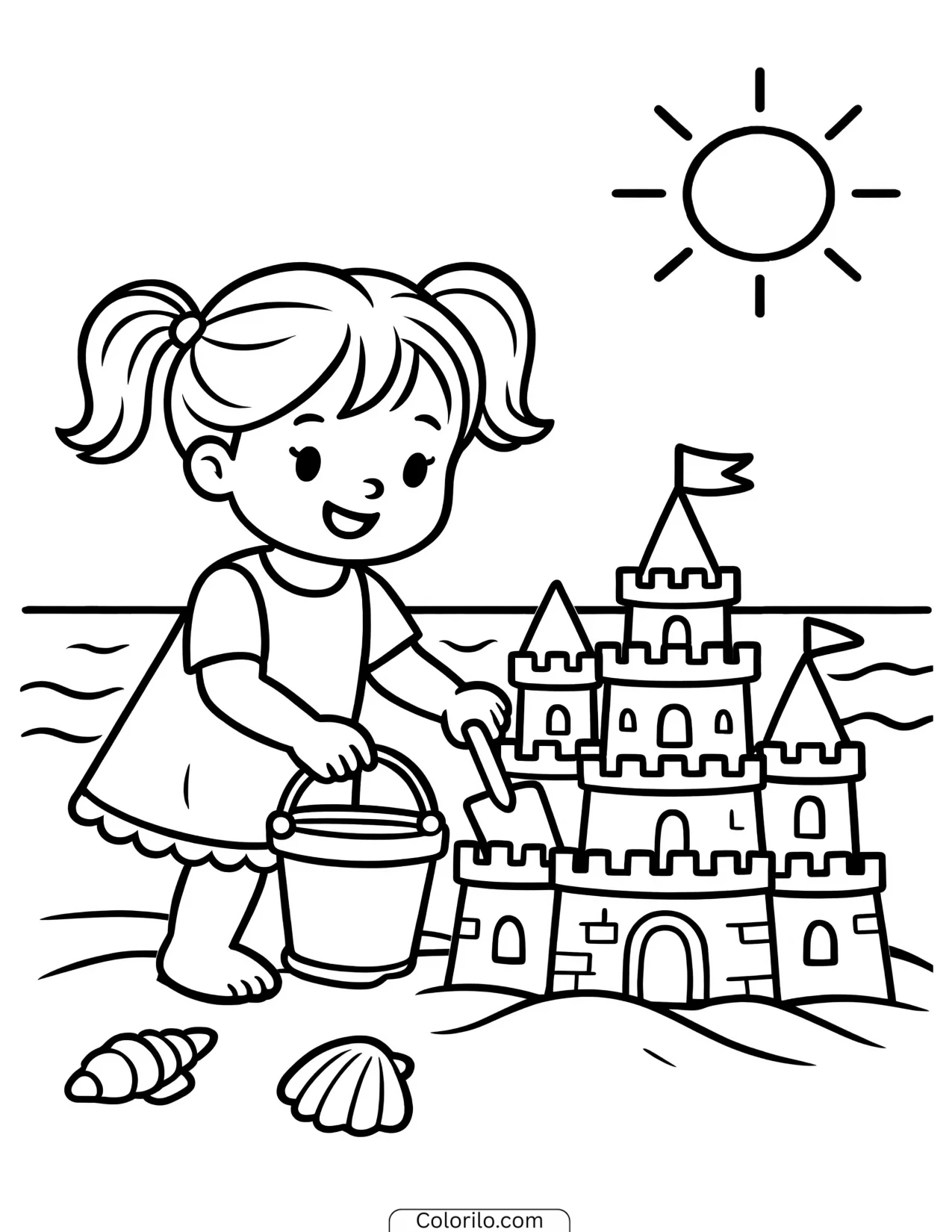 A girl building a sandcastle coloring page