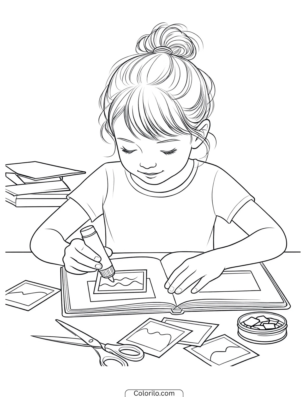 A girl making a scrapbook coloring page