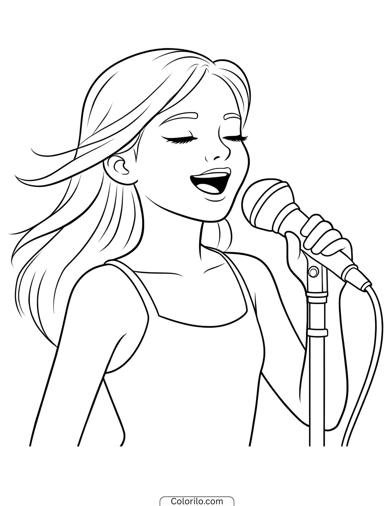 A girl singing into a microphone coloring page