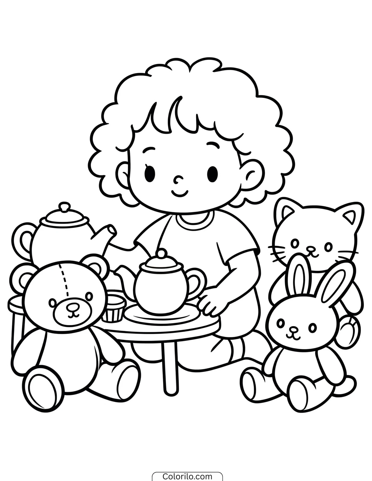 A girl having a tea party coloring page