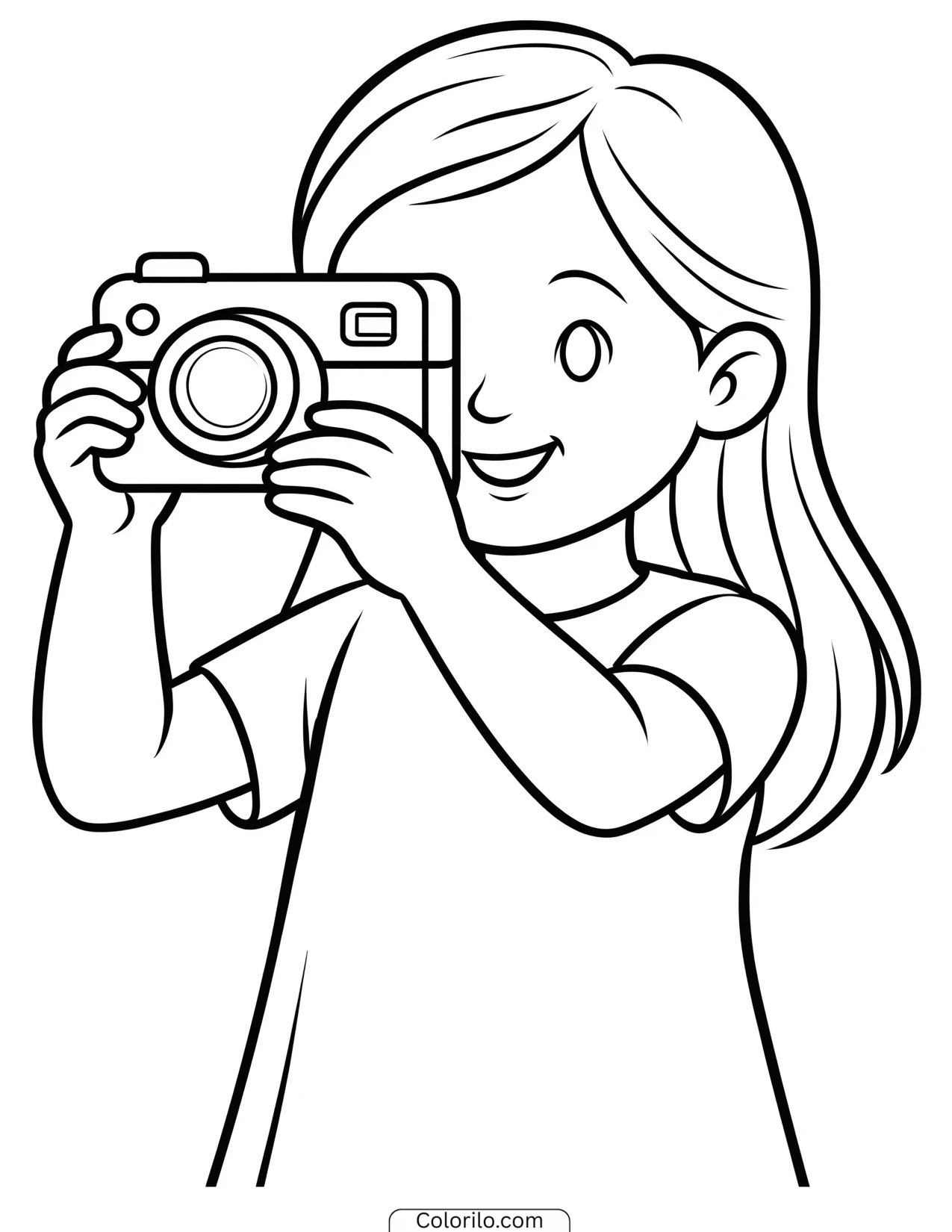 A girl taking a photograph with a toy camera coloring page