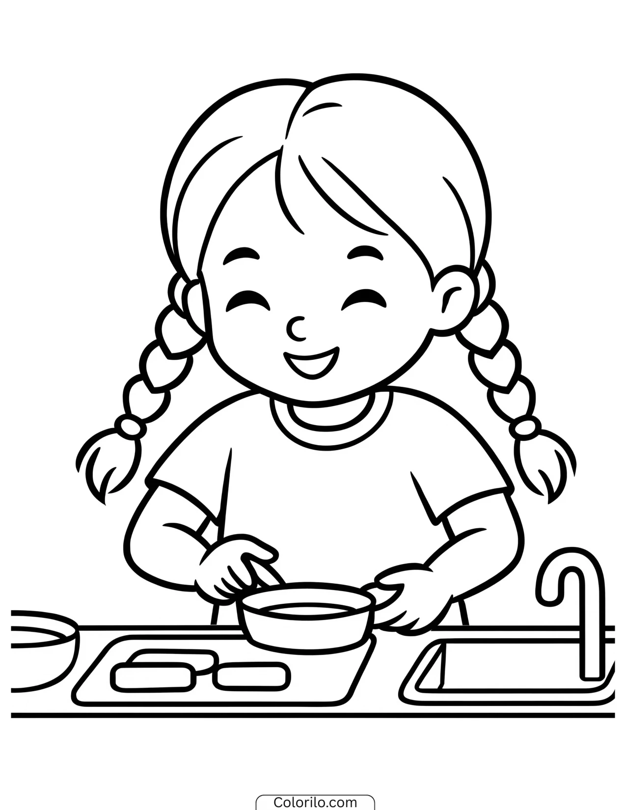 A girl playing at a toy kitchen coloring page