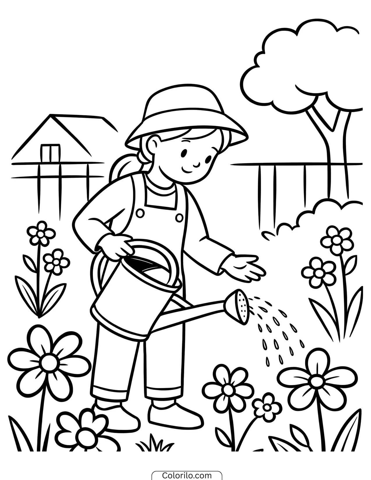 A girl watering the garden coloring page