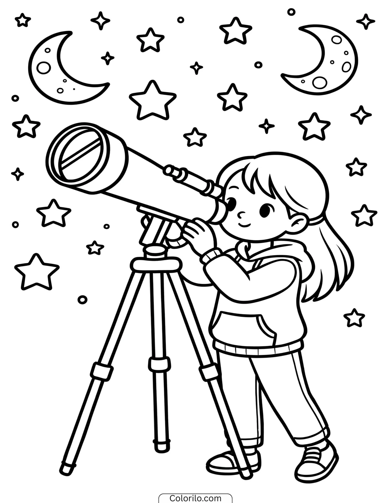 A girl looking through a telescope coloring page