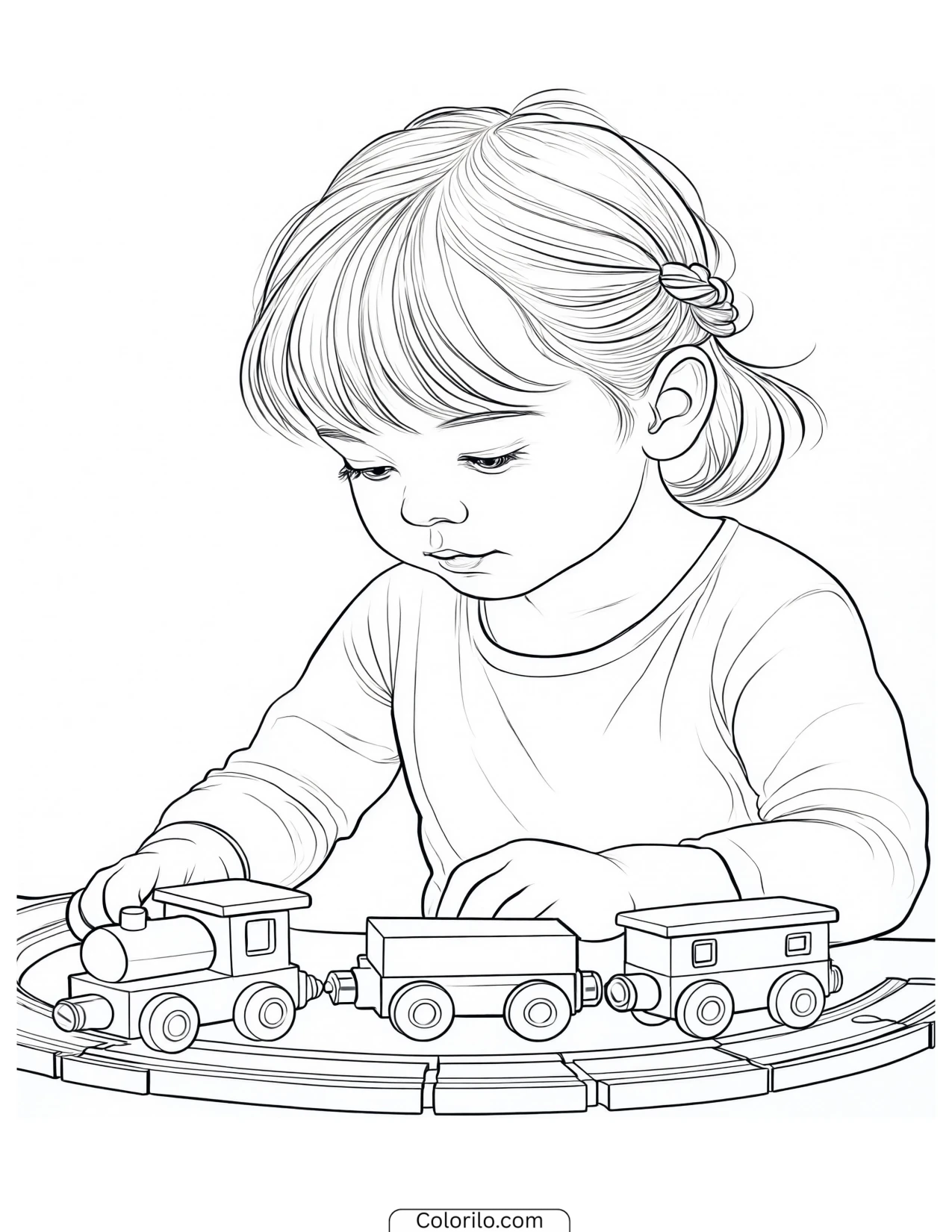 A girl playing with a wooden train set coloring page