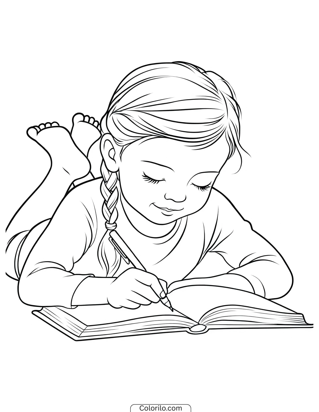 A girl writing in her diary coloring page