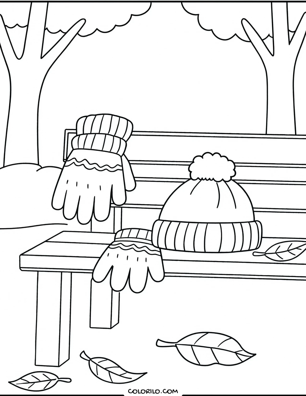 Gloves and a hat left on a park bench coloring page