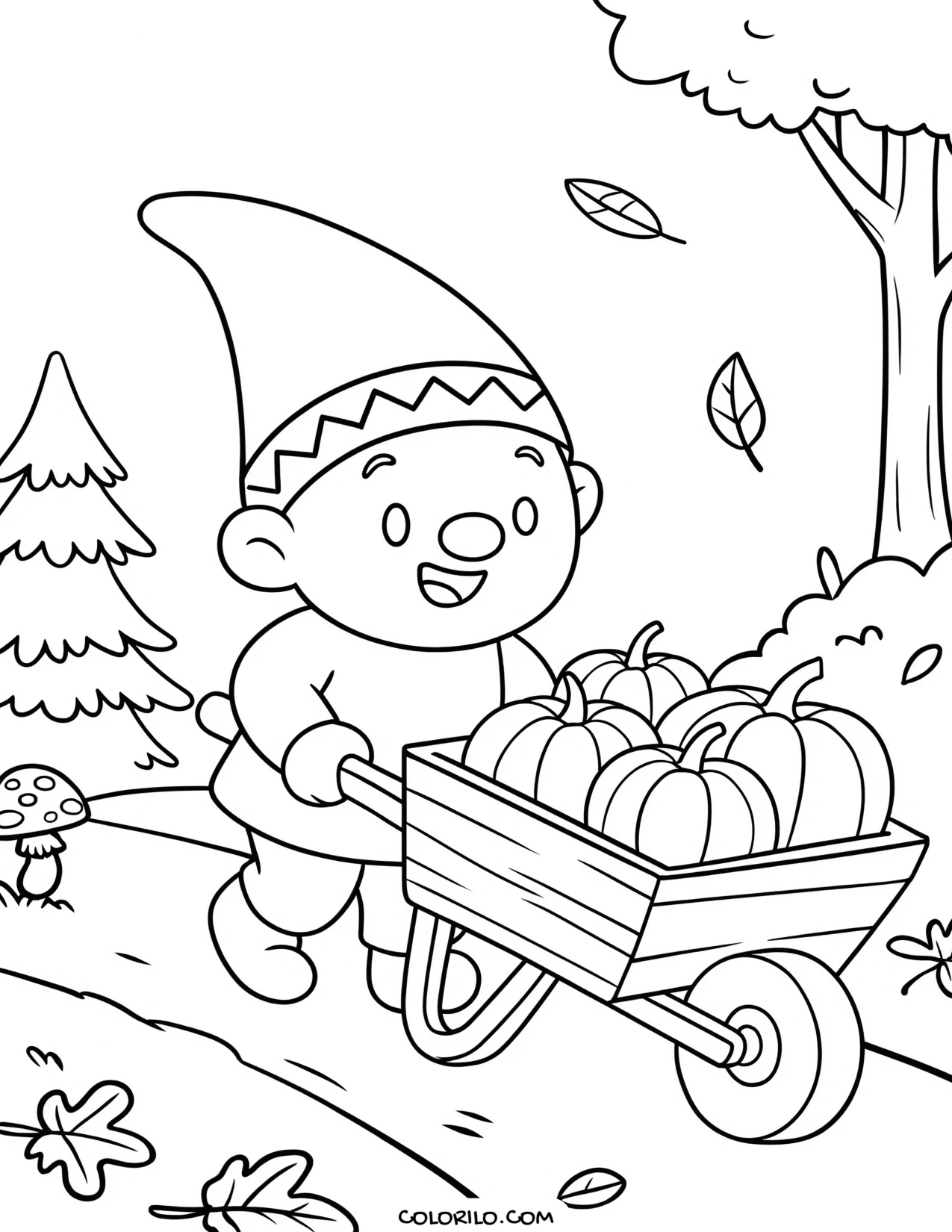 A gnome pushing a wheelbarrow of pumpkins coloring page