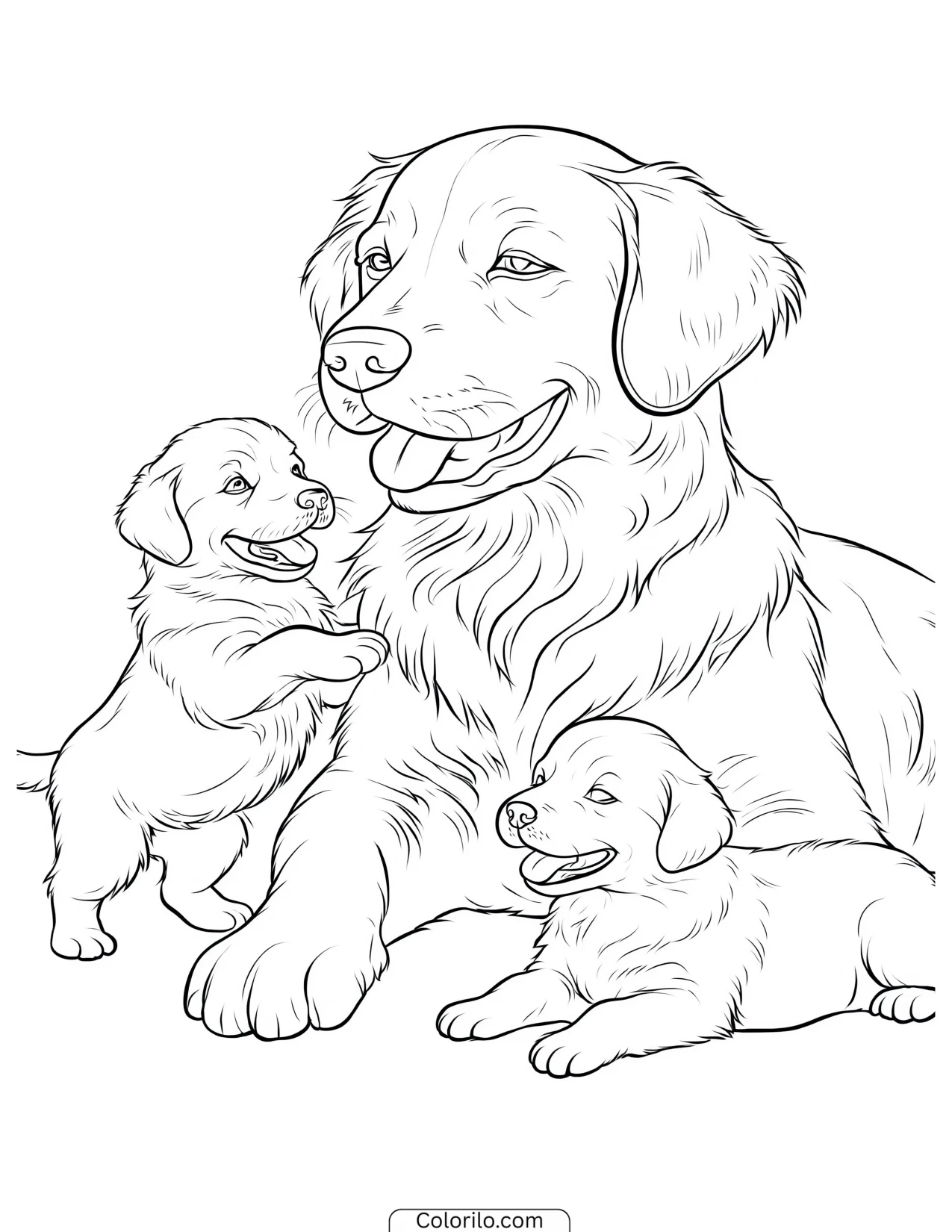 A Golden Retriever with her family coloring page