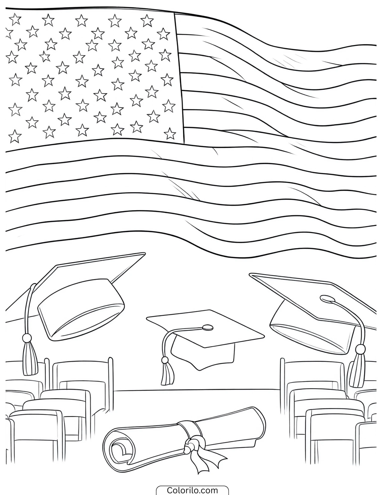 Graduation caps and a diploma with the flag coloring page