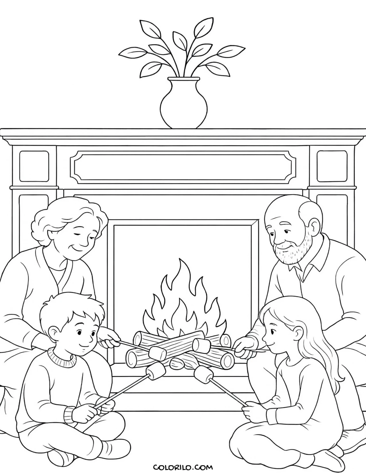 Grandparents roasting marshmallows coloring page