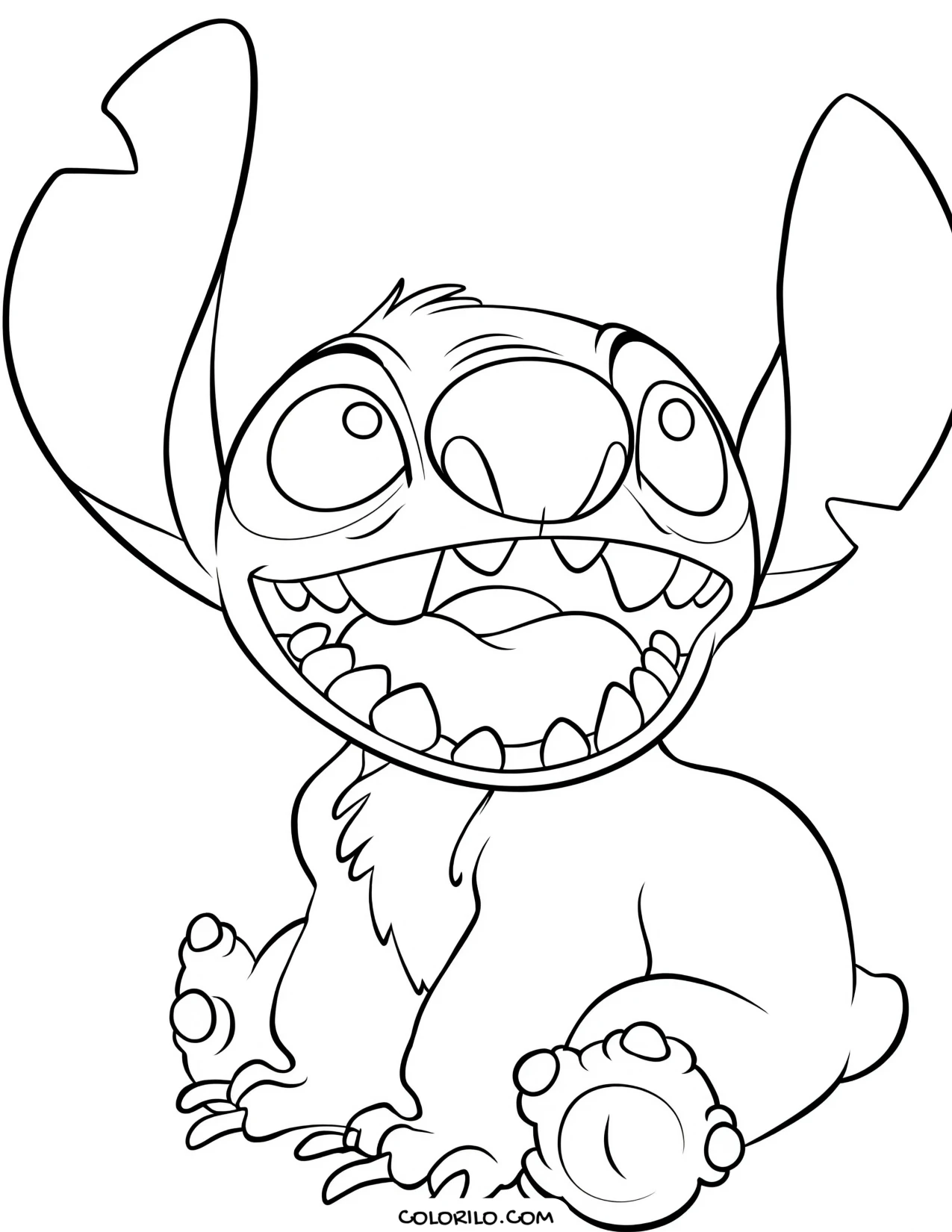 Stitch sitting with a wide grin coloring page