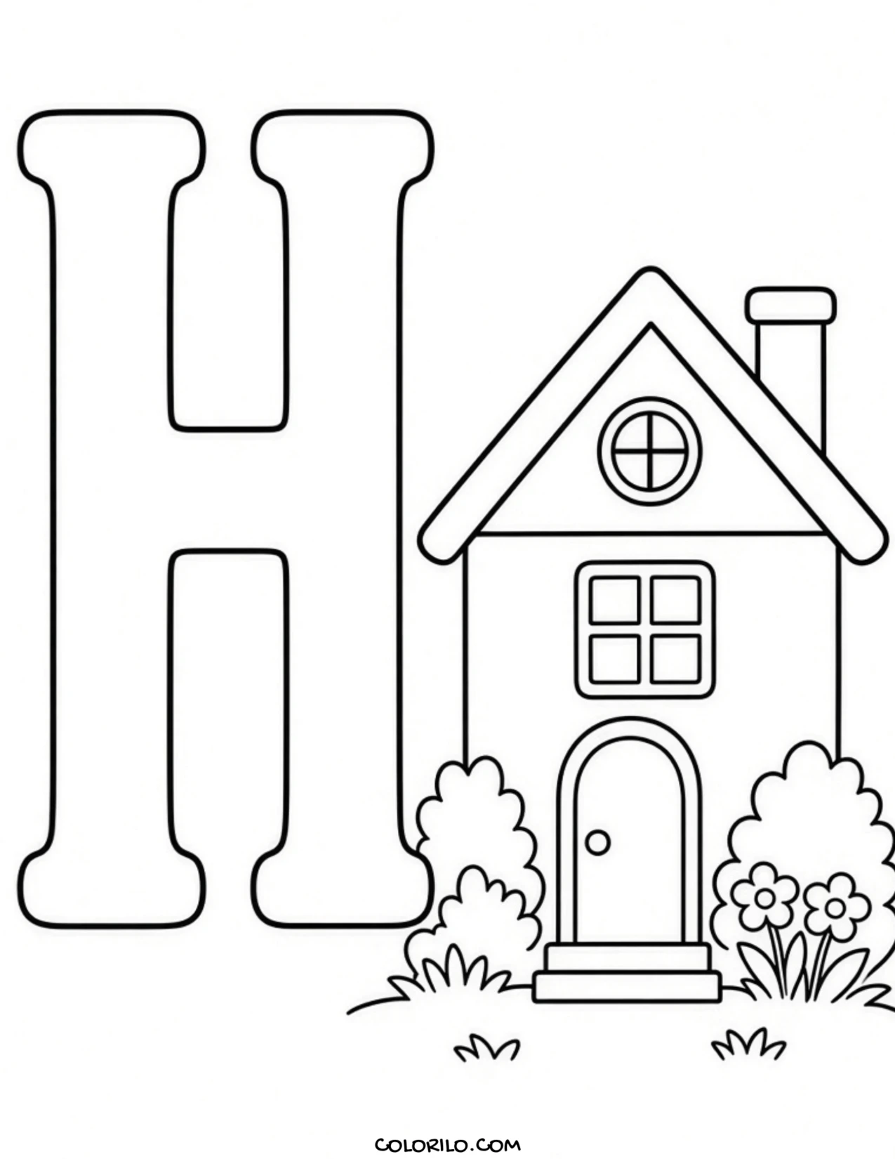 The letter H with a house coloring page