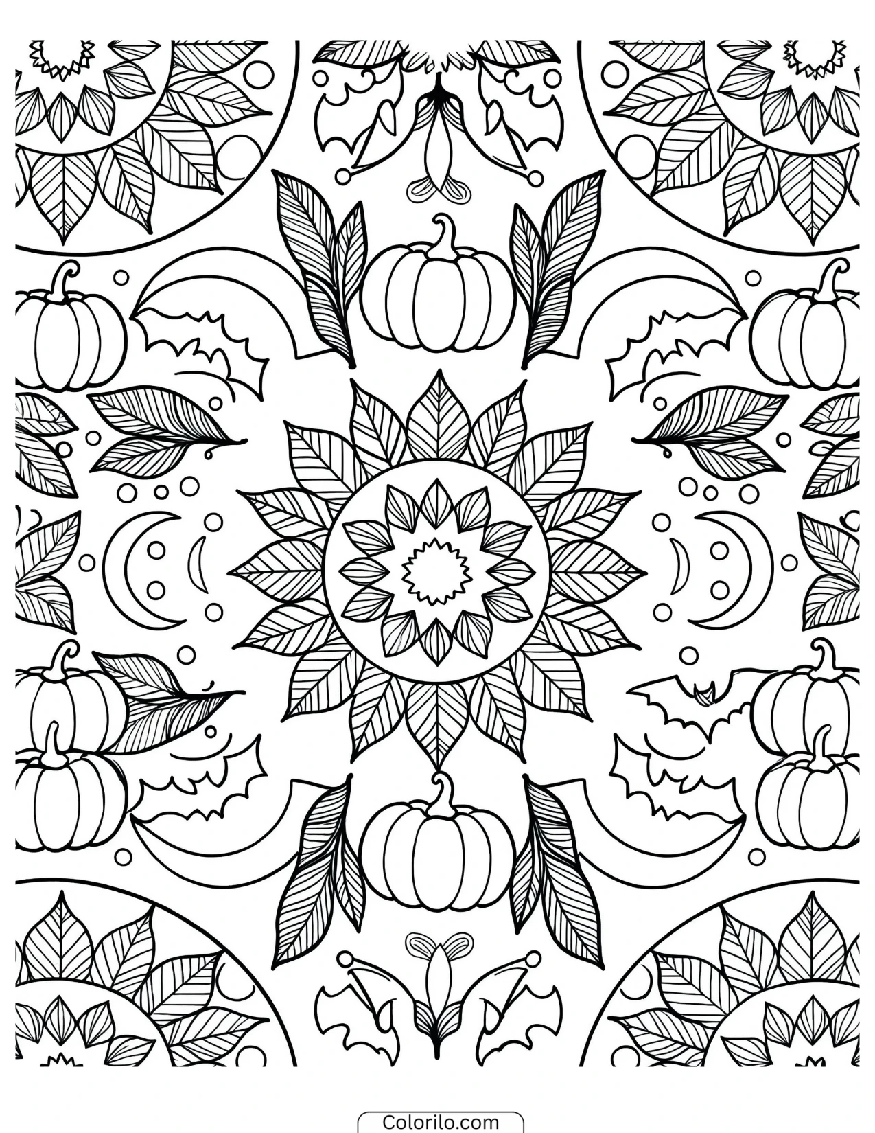 Halloween pumpkin drawn as a mandala pattern coloring page