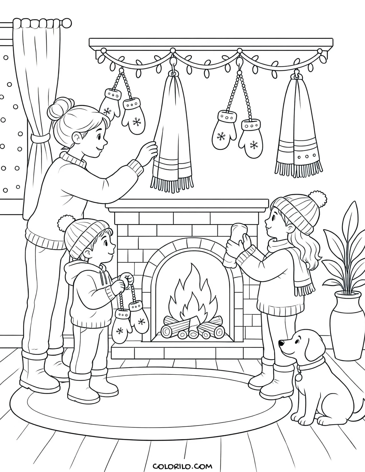 Mittens hung to dry by the fire coloring page