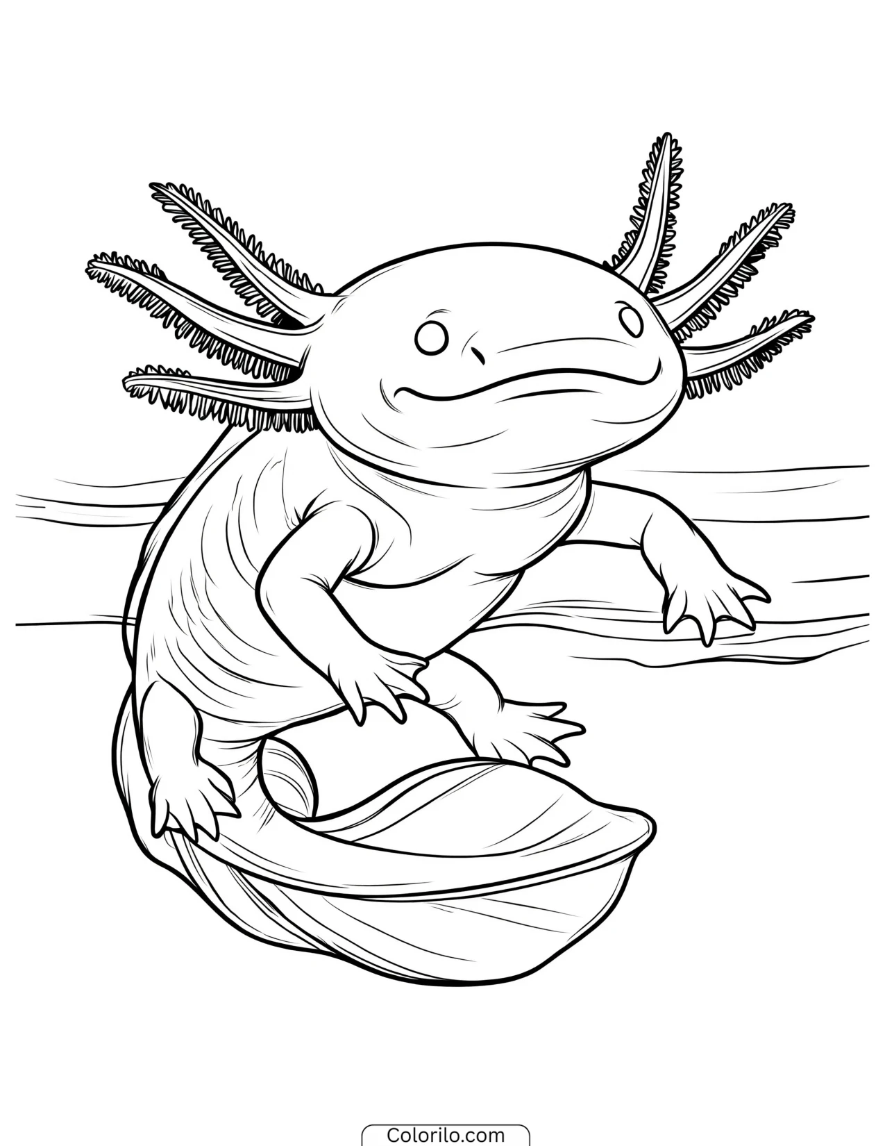 Happy axolotl swimming in open water coloring page